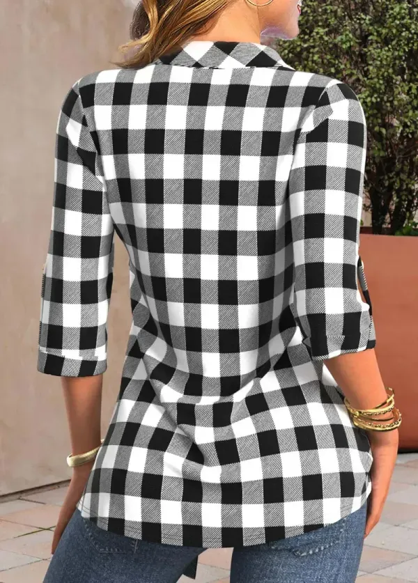 Shirt Collar Black Fake 2in1 Plaid Blouse