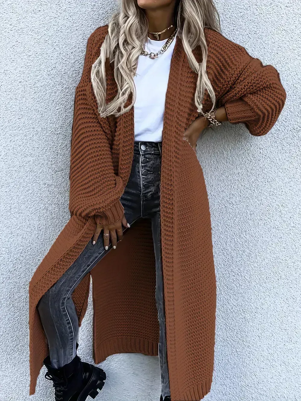 Solid Open Front Side Split Cardigan, Casual Long Sleeve Cardigan For Spring & Fall, Women's Clothing