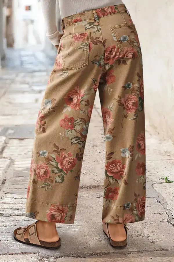 Floral Print Mid Waist Wide Leg Crop Pants