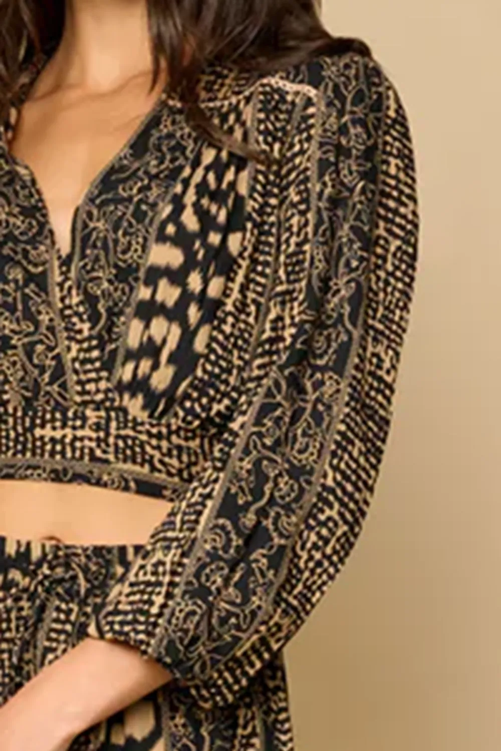 Brown And Black Geometric Print Crop Top And Pants Set