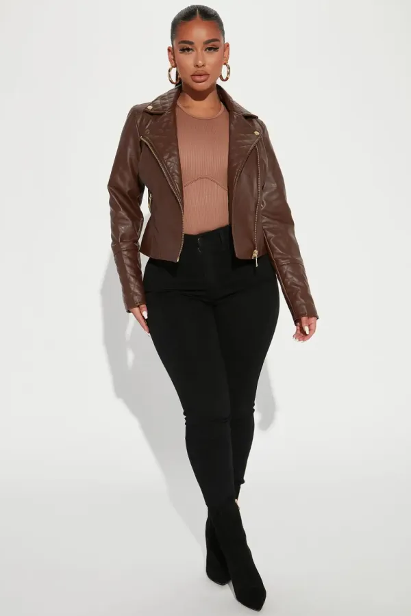 Out For A Ride Vegan Leather Moto Jacket - Brown