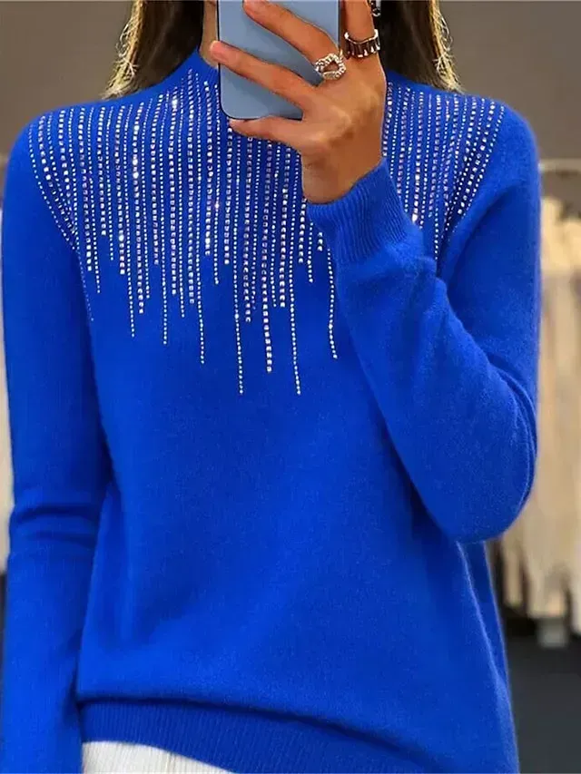 Women‘s Christmas Pullover Sweater Jumper Crew Neck Ribbed Knit Acrylic Sequins Fall Winter Regular Outdoor Daily Going out Xmas Stylish Casual Long Sleeve Solid Color Black White Light Green S M L