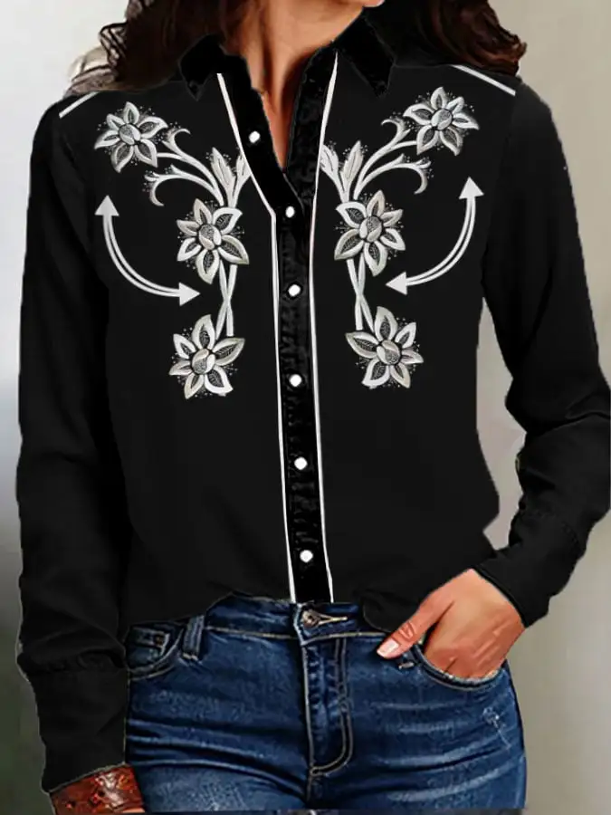 Women's Vintage Western Print Long Sleeve Shirt