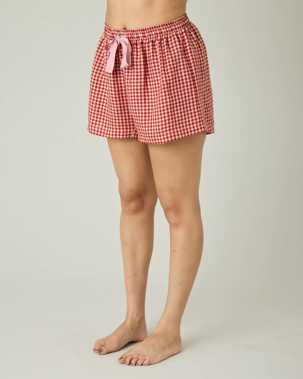 BED SHORTS RED MICRO GINGHAM LINEN