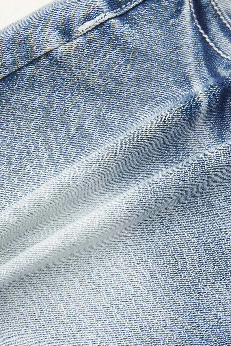 Ripped Embroidery Detail Raw Hem Mid Waist Denim Shorts