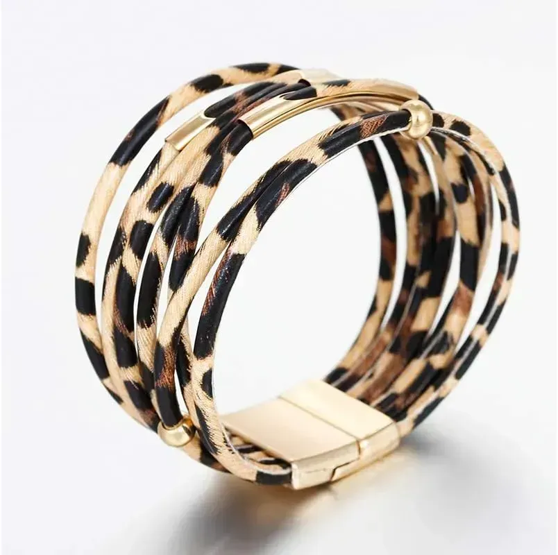 Fesciory Leather Wrap Bracelets for Women, Boho Leopard Multi-Layer Crystal Beads Cuff Bracelet Jewelry