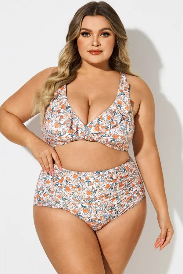 Plus Size Floral Print V-Neck Bikini Top