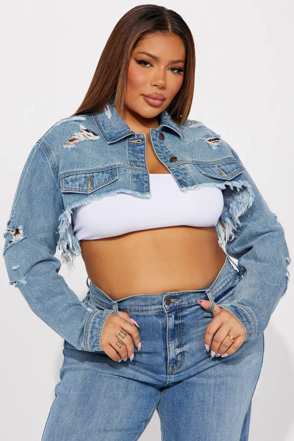 Taking Over Ripped Crop Denim Jacket - Light Wash