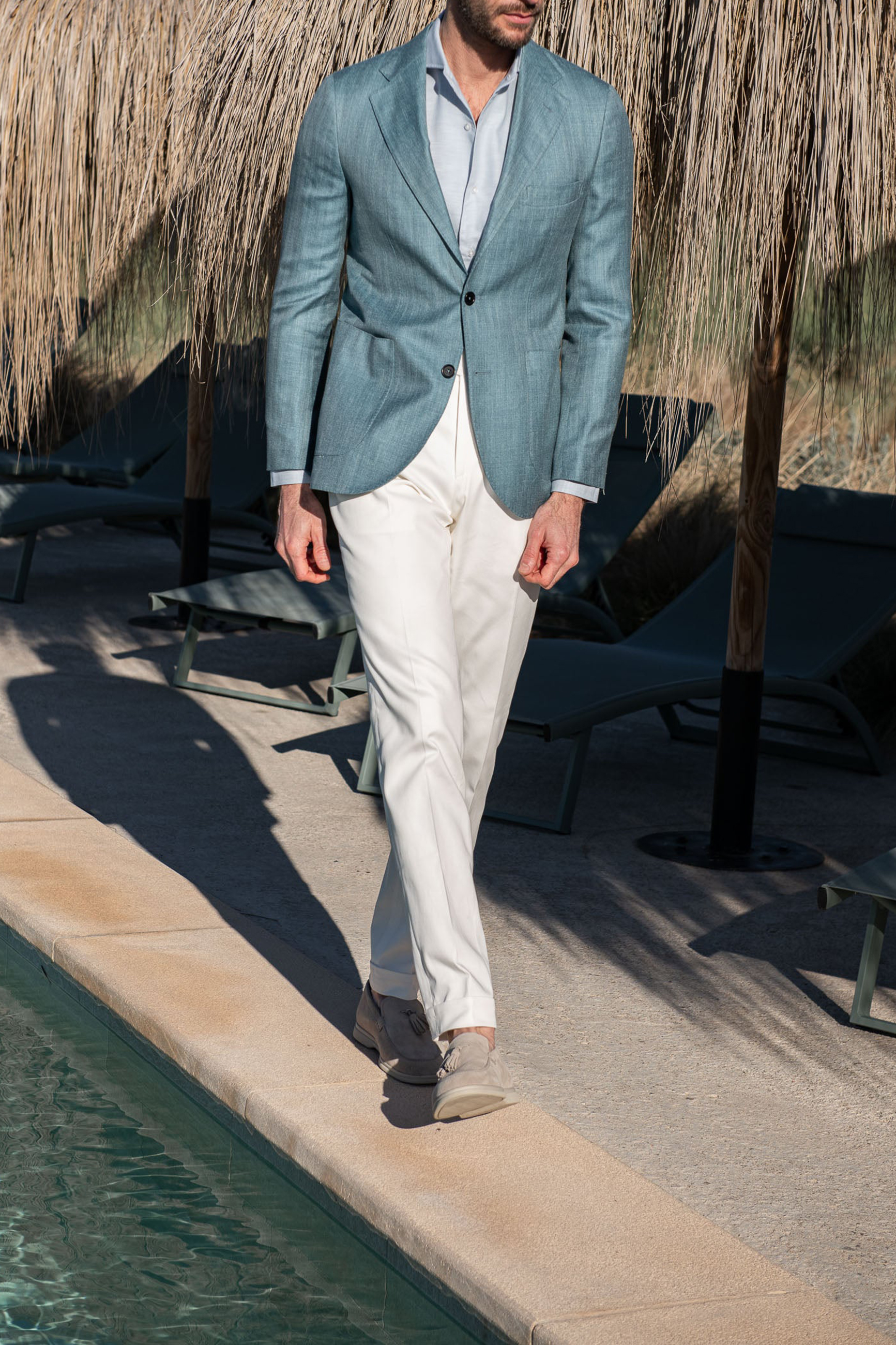 Water Green Herringbone Jacket In  Wool Silk And Linen