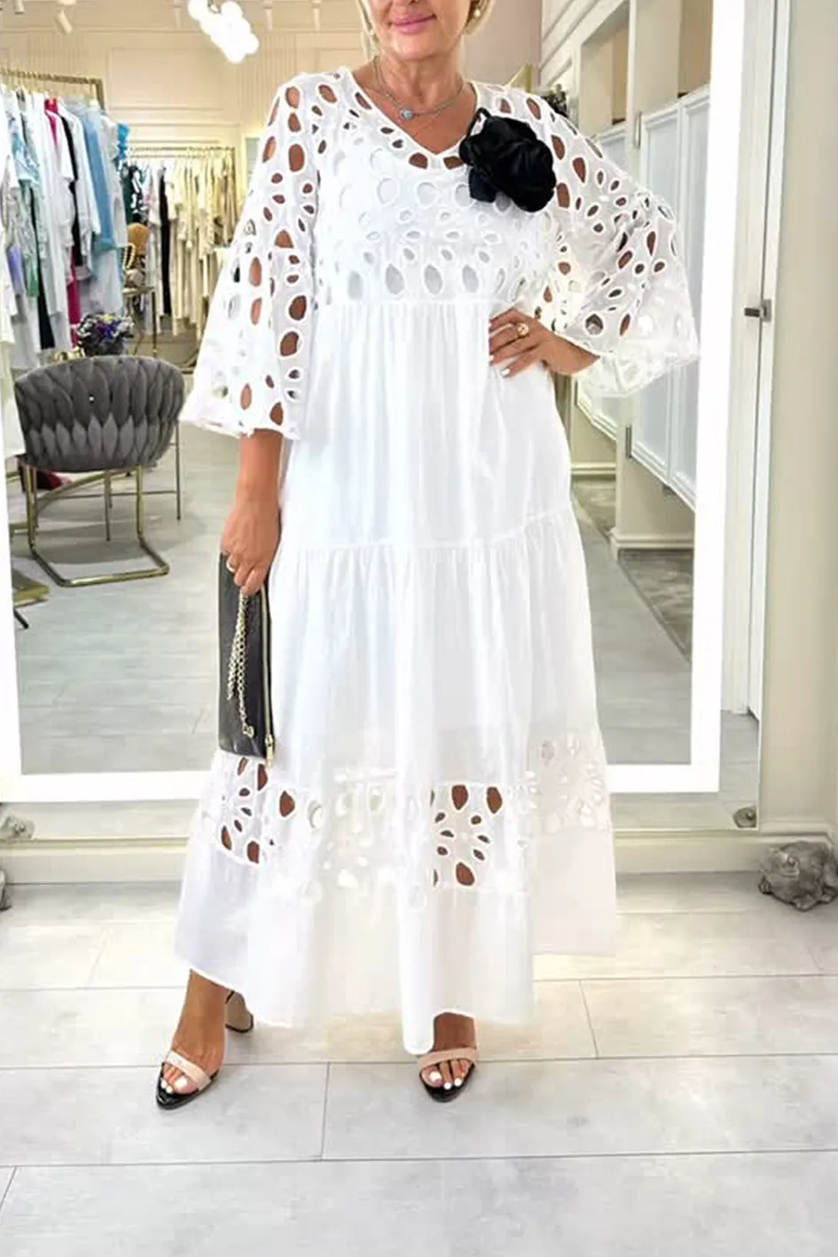 Women'S Solid Color Lace Hollow Loose Dress