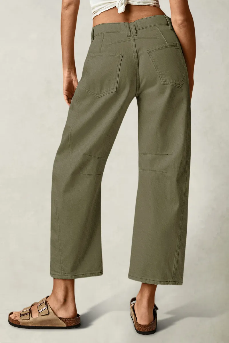 Solid Stitch Detail Mid Waist Crop Straight Leg Jeans Without Belt