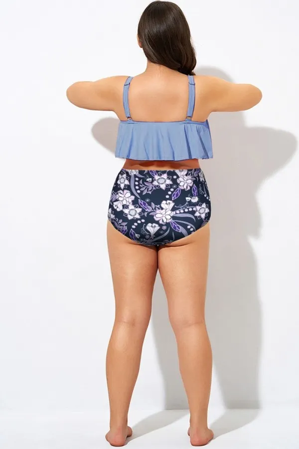 Blue Floral Print High Waist Women Bikini Bottom