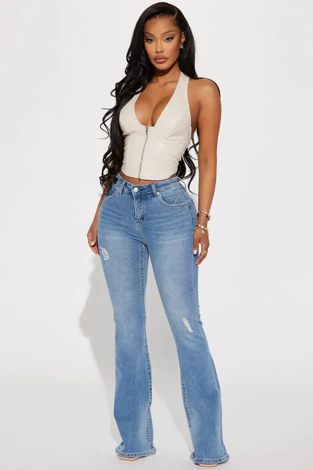 Wish On A Star Embellished Stretch Flare Jean - Light Wash