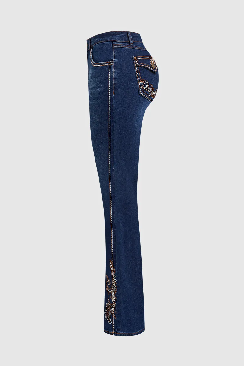 Wash Graphic Embroidery Flap Pocket Mid Rise Bootcut Jeans Without Belt