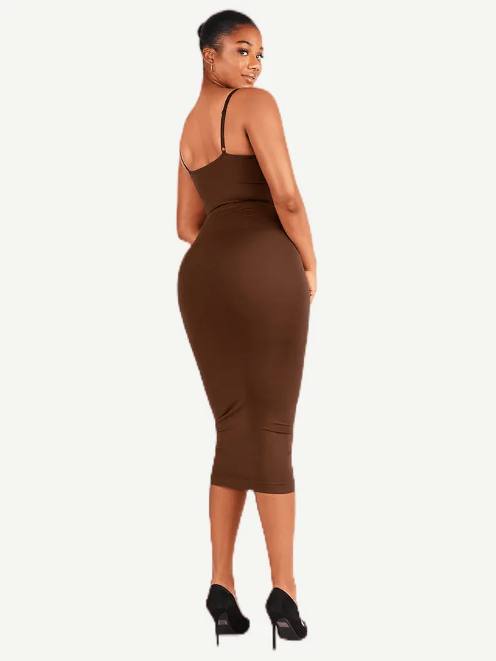 Seamless Spaghetti Strap V Neck Maxi Dress with Built-in Bodycon