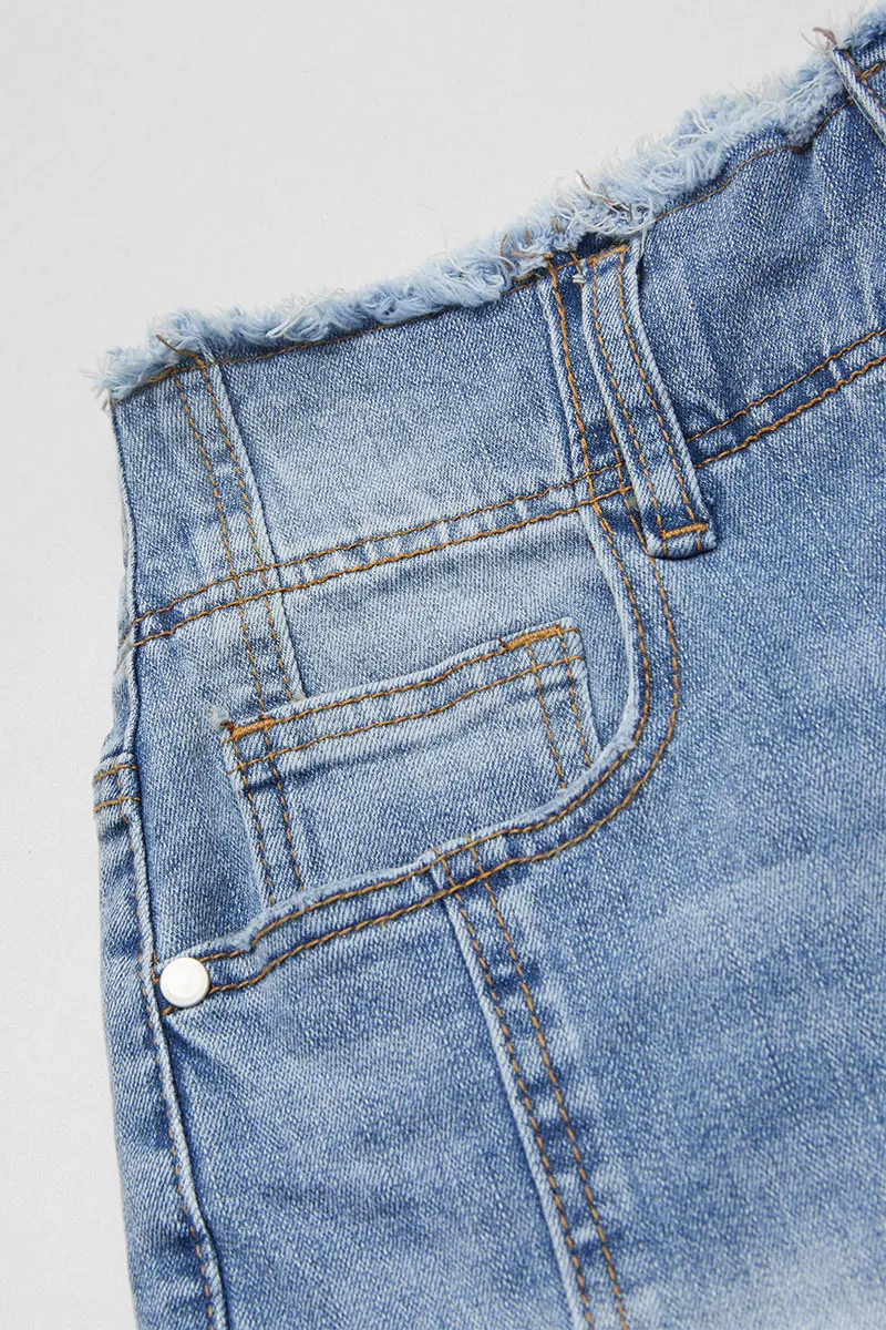 Raw Trim Ripped Dual Button High Waist Denim Shorts