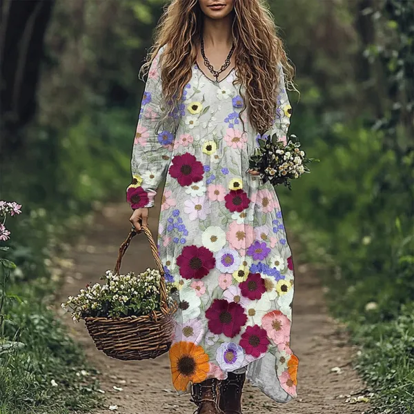 Classy Colorful Floral Embroidery Lace Flowy Maxi Dress