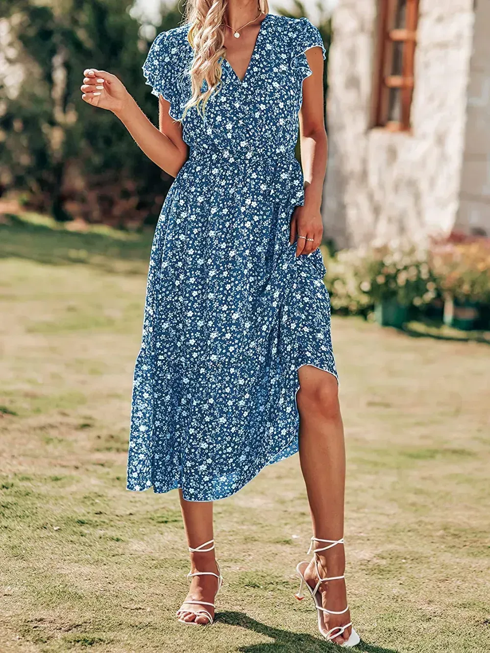 Women Summer Bohemian Floral Casual Wrap V Neck Ruffle Cap Sleeveless Belt A-Line Pleated Hem Swing Midi Sun Dress