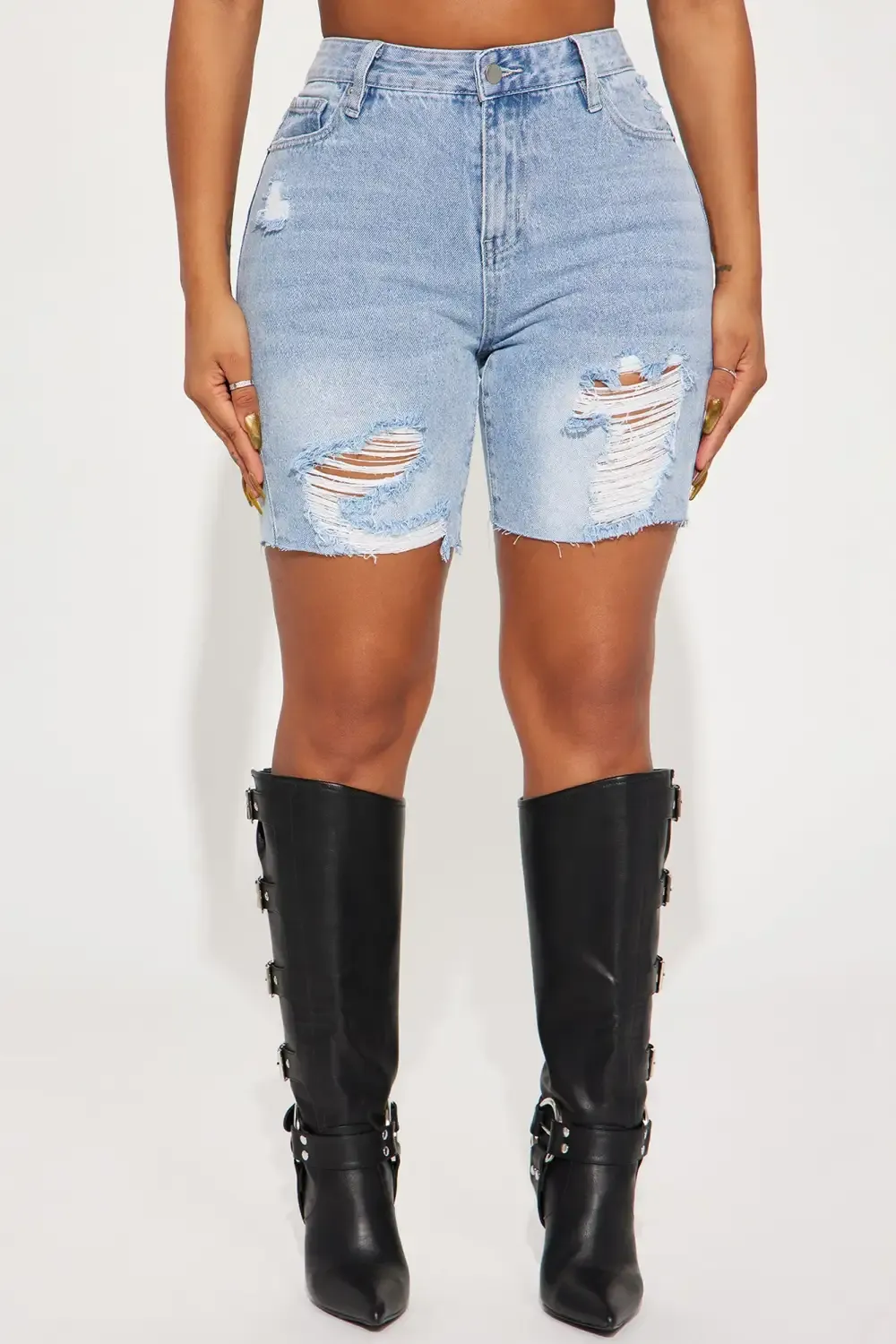 She's Bad Tattoo Embroidered Denim Bermuda Shorts - Light Wash