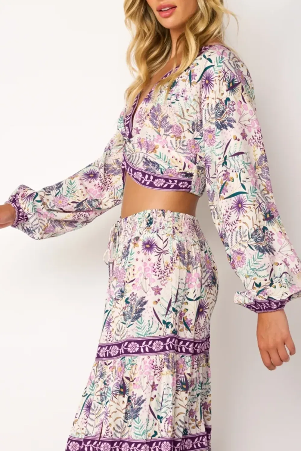 Purple And White Floral Print Split Maxi Skirt