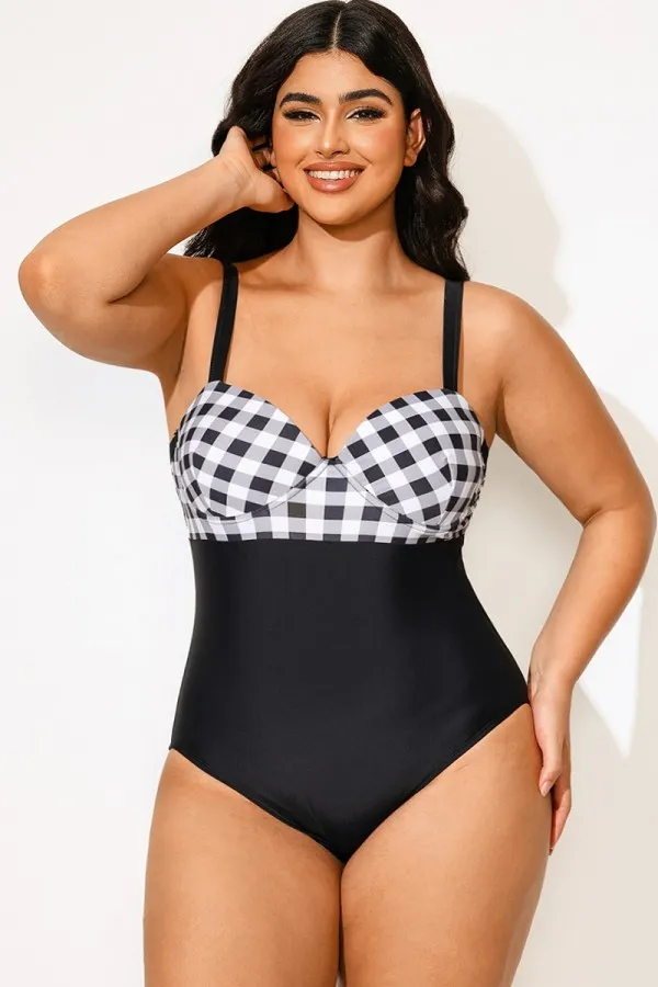 Lady Plaid Print Underwire One Piece Swimsuit