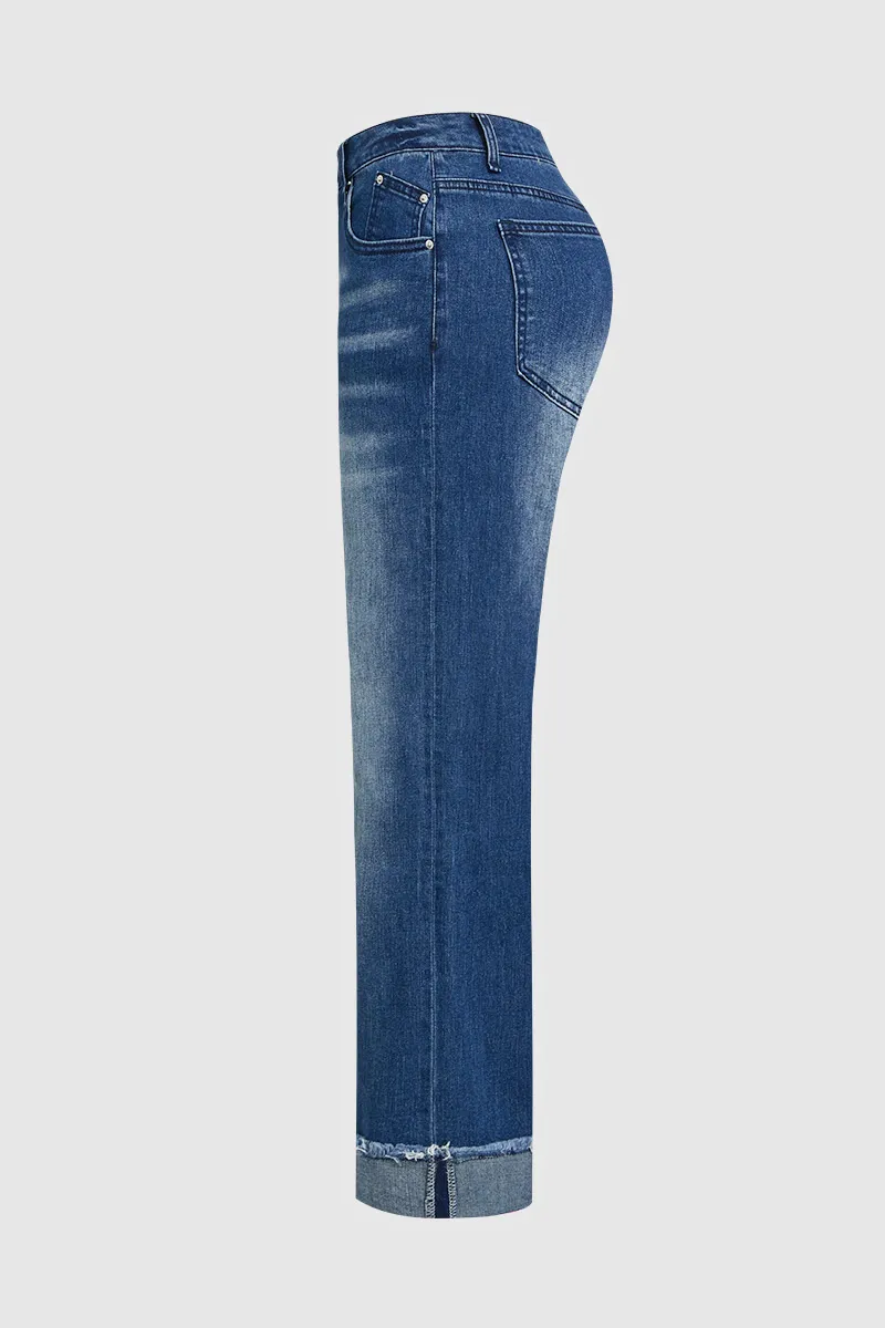 Wash Raw Roll Hem Wrap Mid Waist Straight Leg Jeans