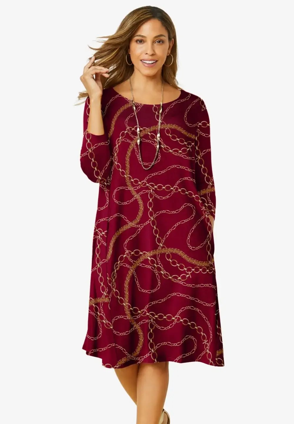 Stretch Knit Three-Quarter Sleeve T-shirt Dress
