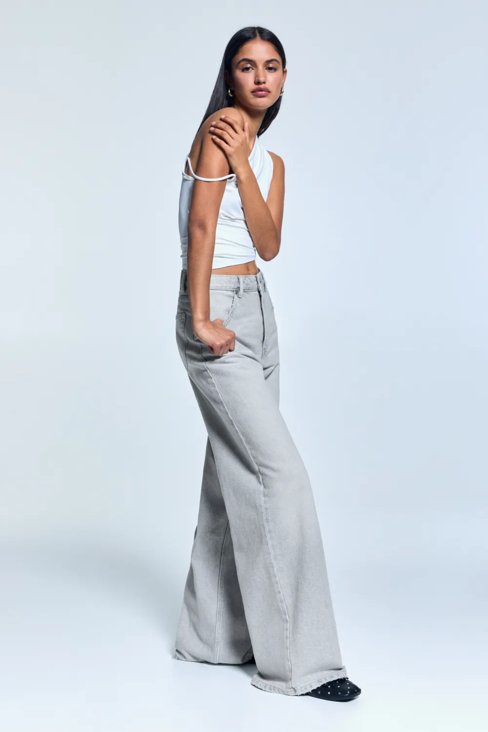 Jeans wide leg tiro alto