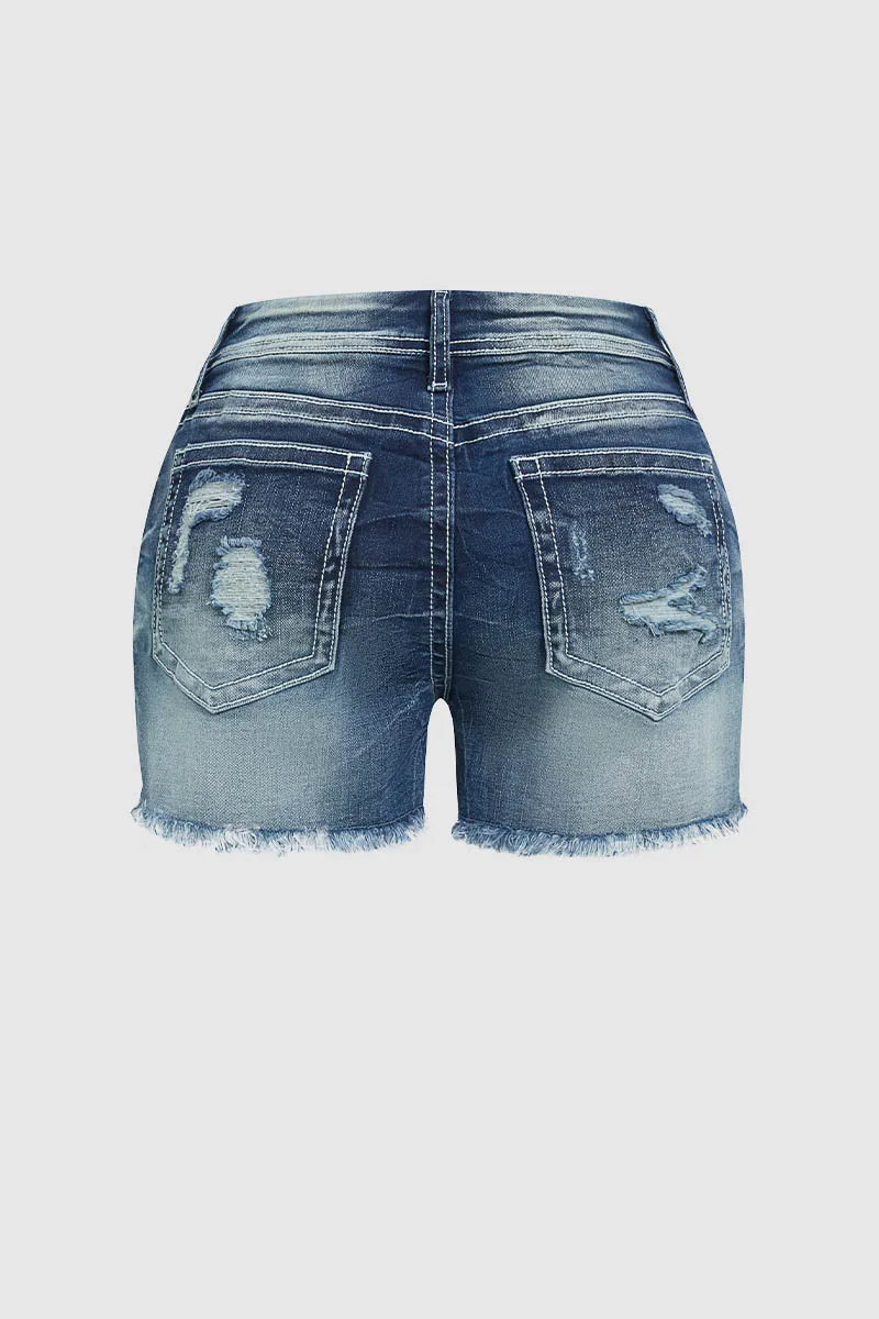Wash Ripped Raw Hem Mid Waist Denim Shorts