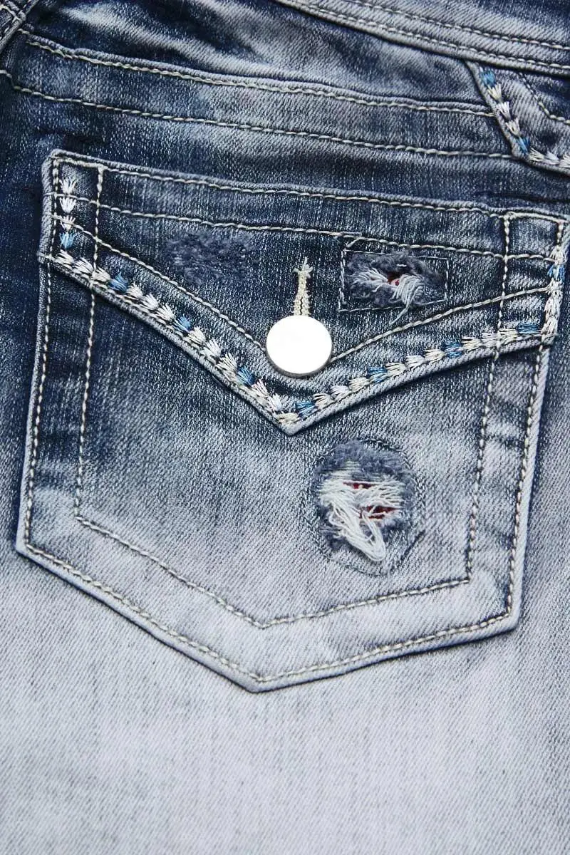 Wash Paisley Patched Ripped Mid Rise Denim Shorts