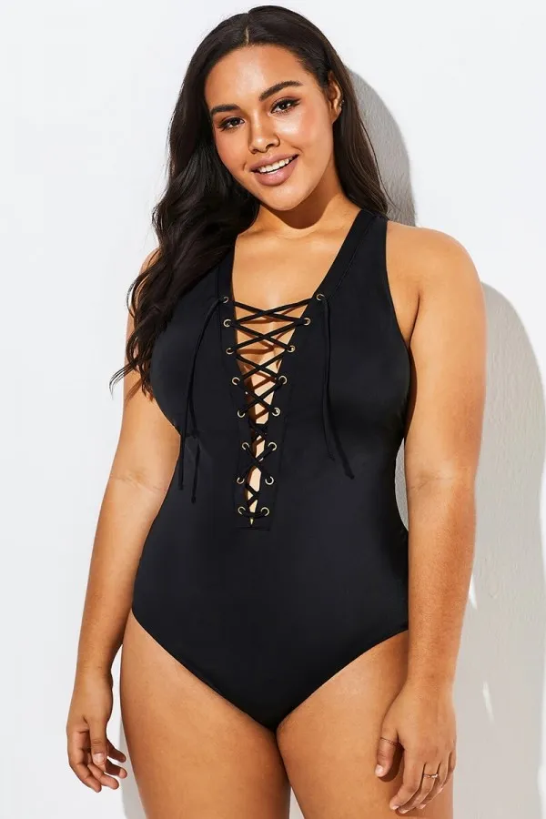 Floral Print Front Line Open Back One Piece Swimsuit