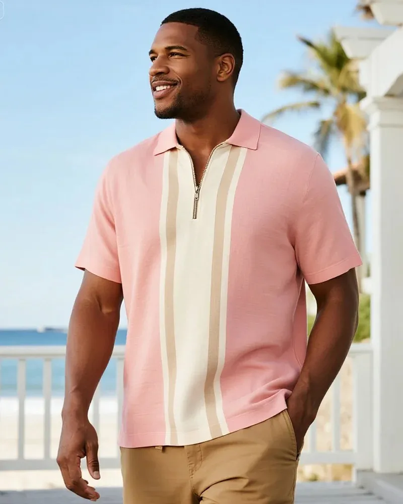 Big & Tall Men's Business Stripe Colorblock Printed Short Sleeve Zipper Polo Shirt