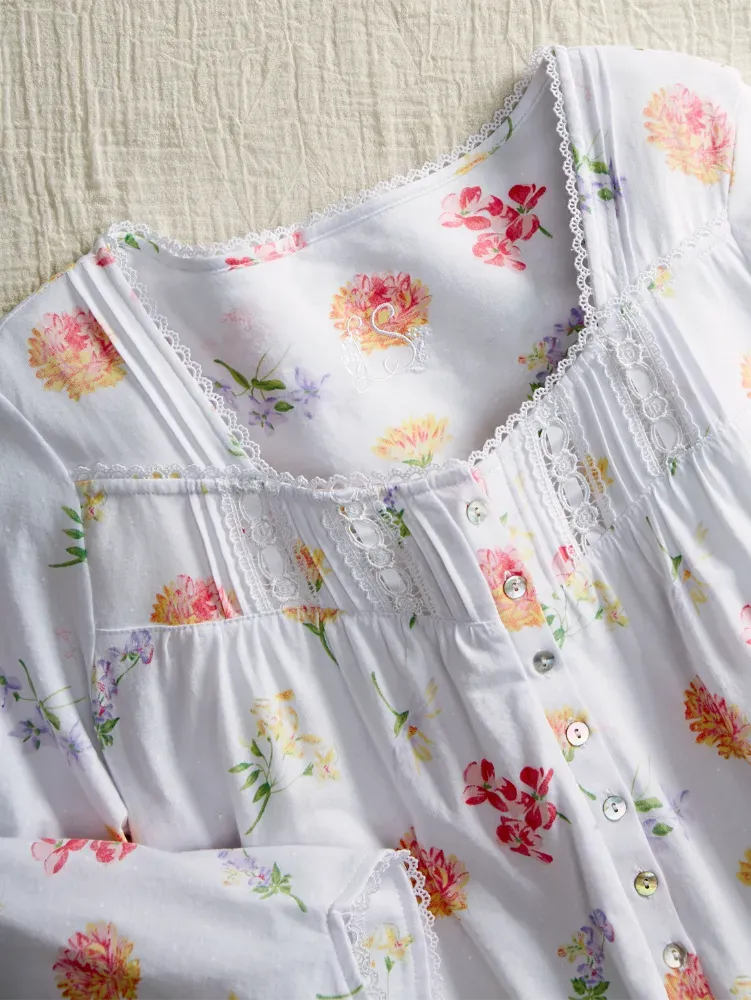 Lanz Tossed Floral Cotton Knit Long Nightgown