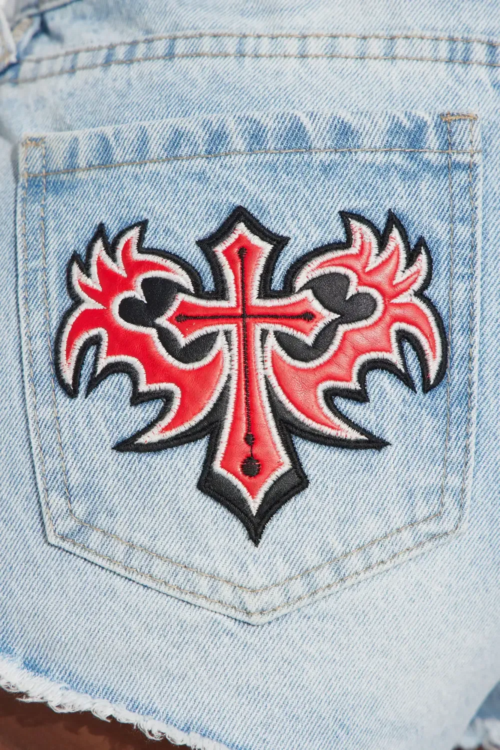 Life Of Sin Faux Leather Patch Denim Shorts - Light Wash