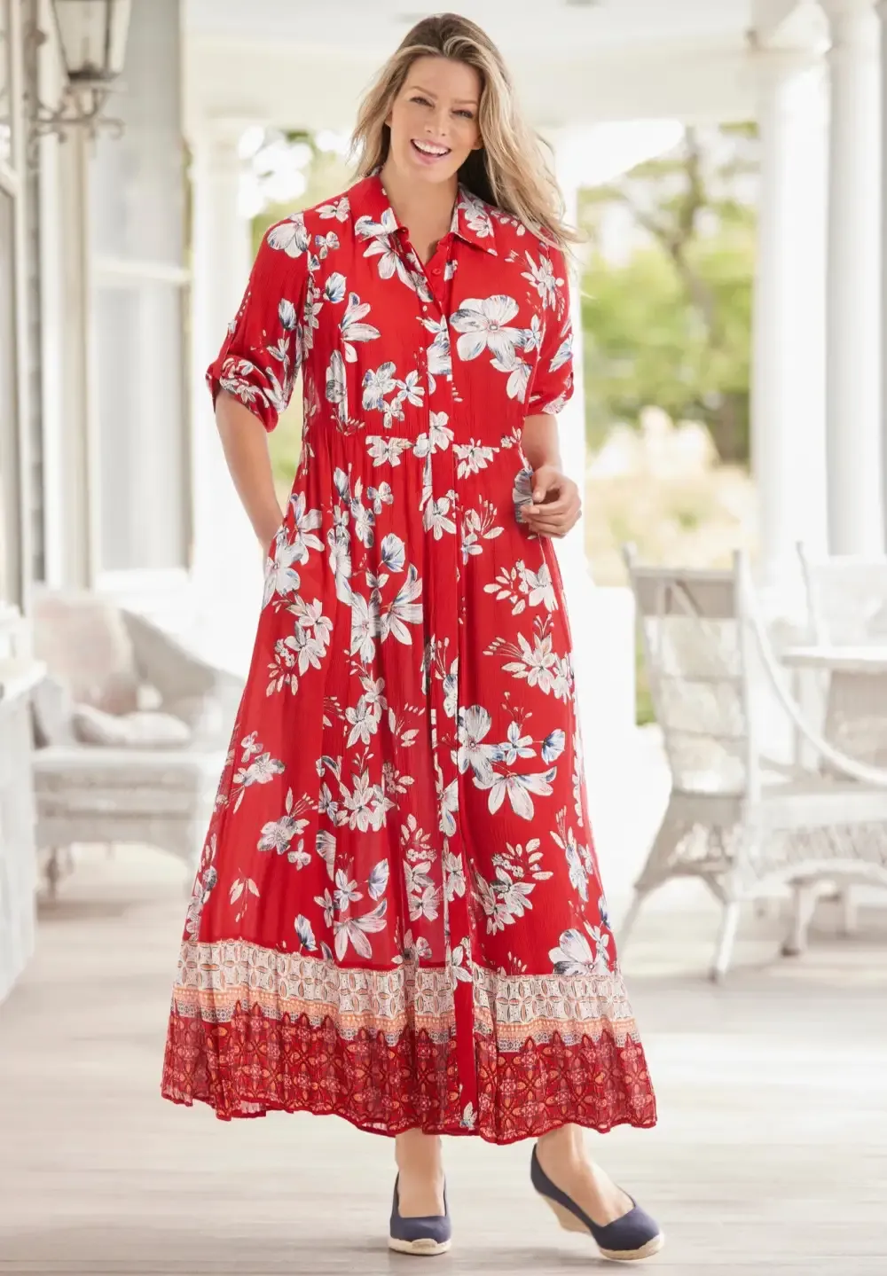 Roll-Tab Sleeve Crinkle Shirtdress