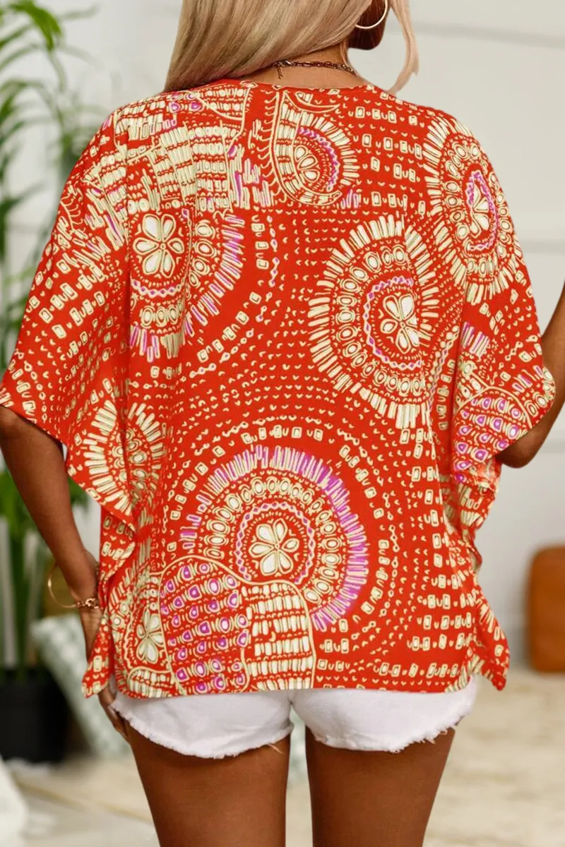 Allover Print Batwing Sleeve V Neck Blouse