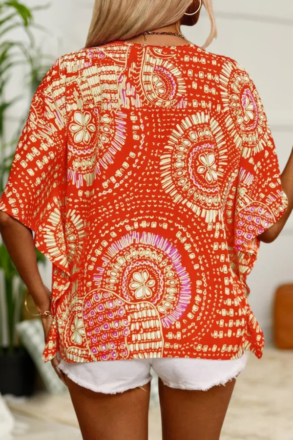 Allover Print Batwing Sleeve V Neck Blouse