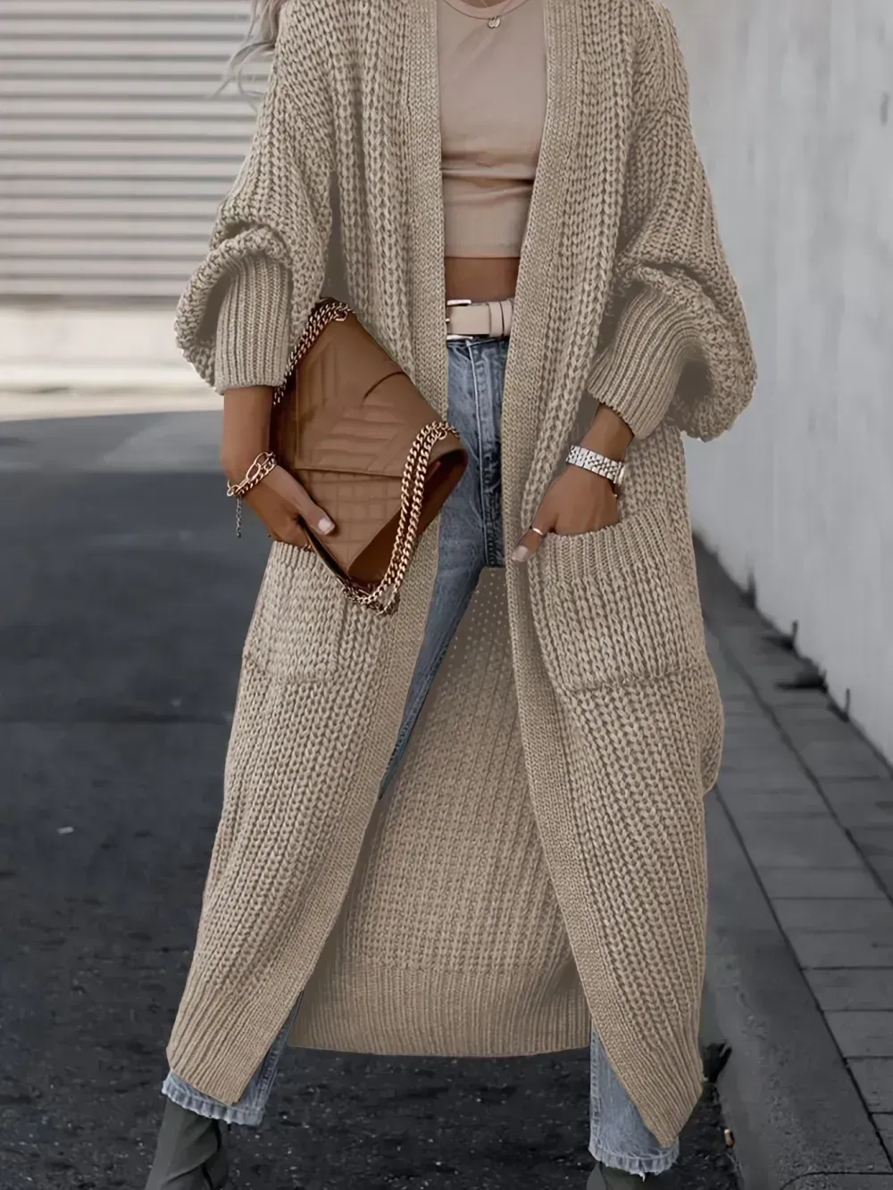 Solid Open Front Pocket Cardigan, Casual Long Sleeve Long Length Sweater For Fall & Winter, Women's Clothing