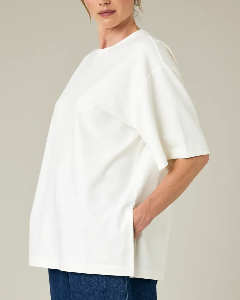 OFF WHITE COTTON JERSEY SHORT DROP SLEEVE TOP