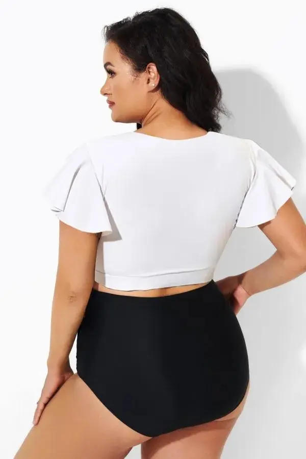 White Flutter-Sleeve Tie Detail Bikini Top