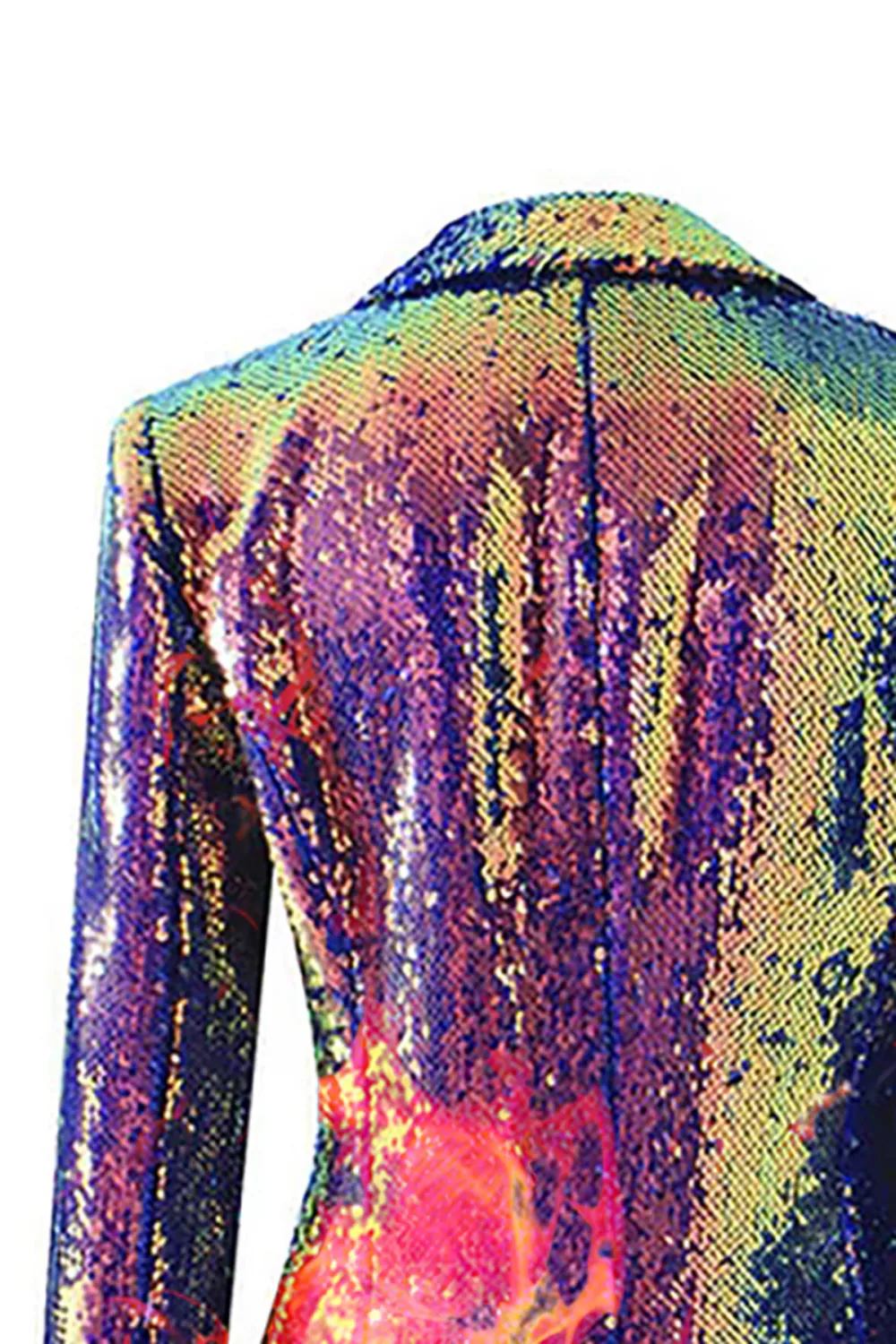Iridescent Sequin Lapel Collar Long Sleeve Cinch Waist Metallic Party Blazer