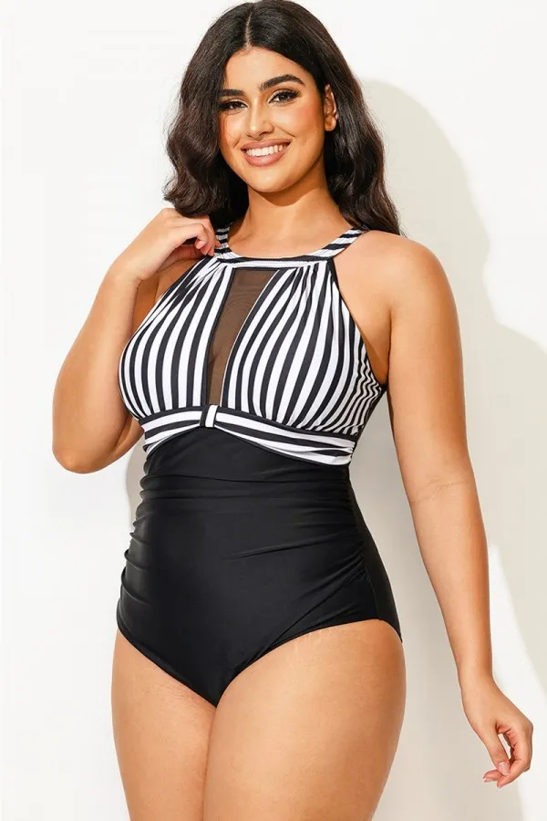 Stripe High Neck Mesh Ruched One Piece Swimsuit