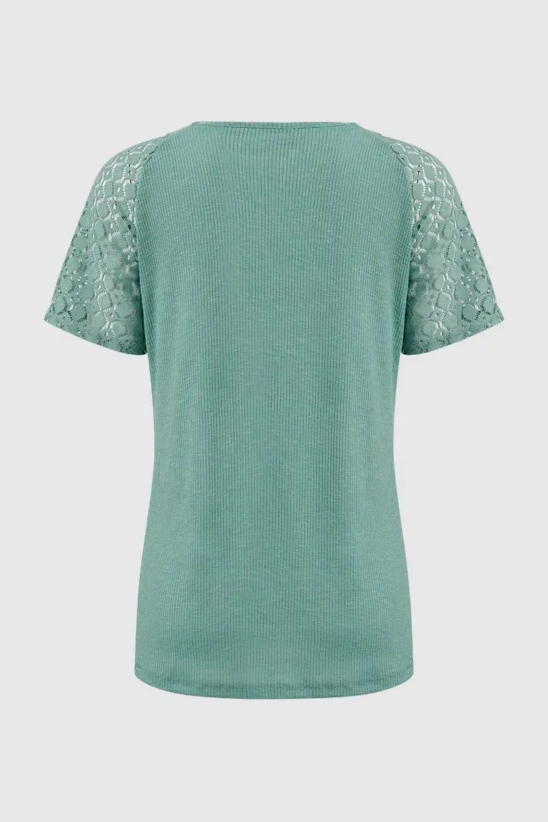 Rib-Knit Contrast Lace Button Detail Short Sleeve T-Shirt
