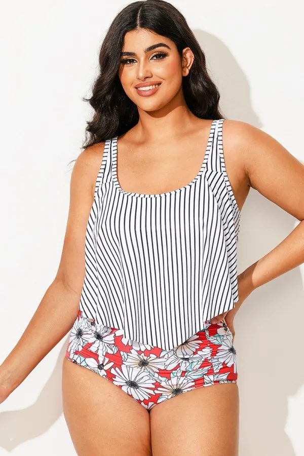 Striped Scoop Neck Ruched Flounce Blouson Tankini Top