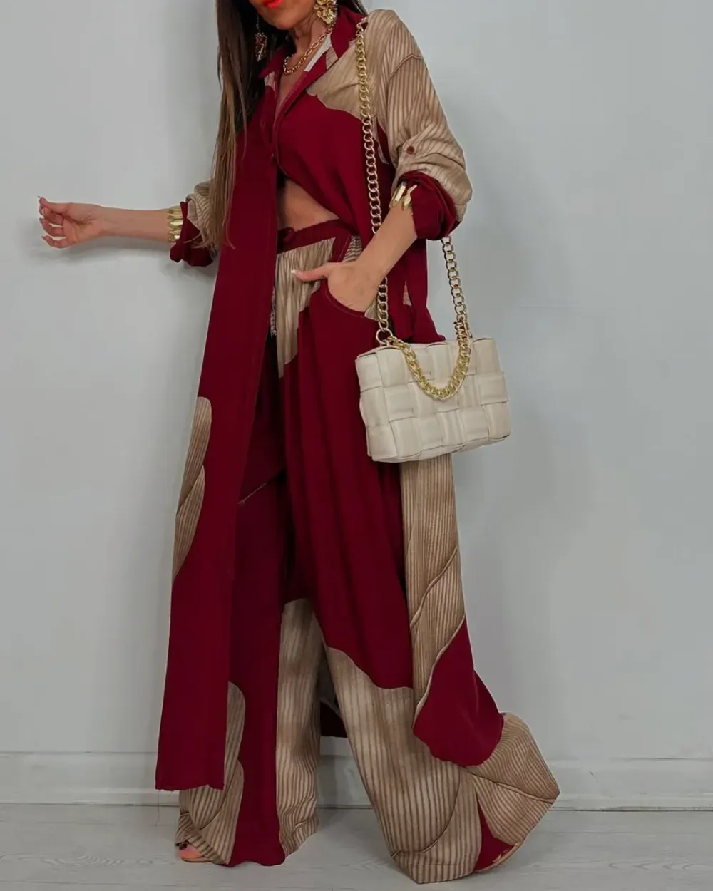 Women's V-neck Patchwork Printed Top and Pants Commuting Casual Suit