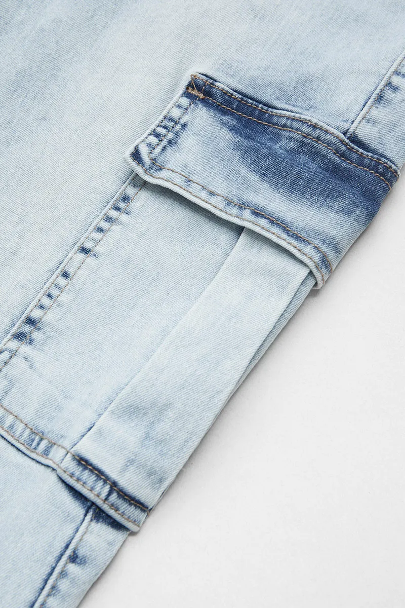 Multi Pocket Double Button Mid Rise Flare Cargo Jeans