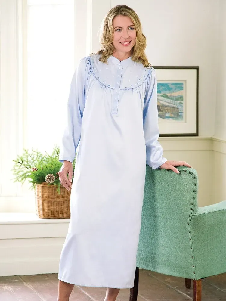 Brushed-Back-Satin Embroidered Nightgown