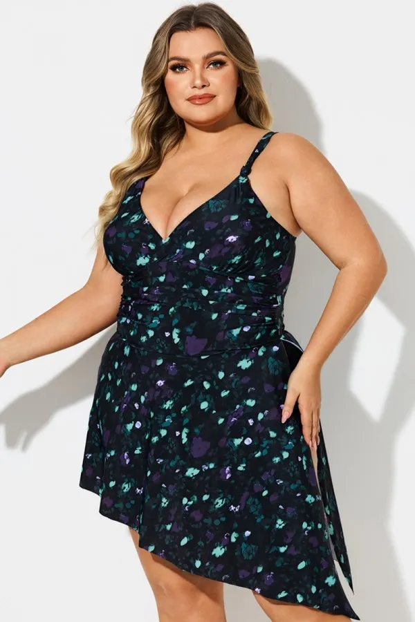 Knotted Front Straps Floral Print V-Neck Asymmetric Swimdress