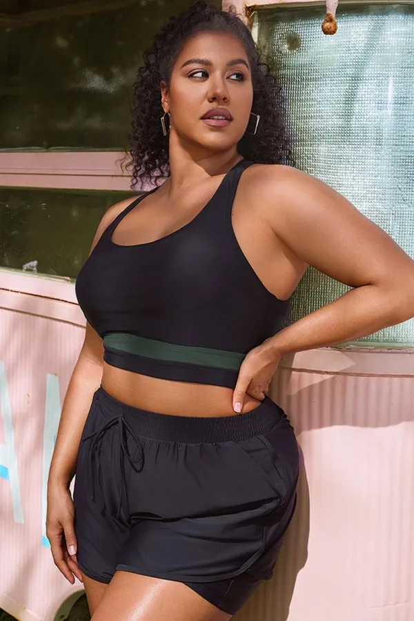 Plus Size Round Neck Green Patchwork Bikini Top