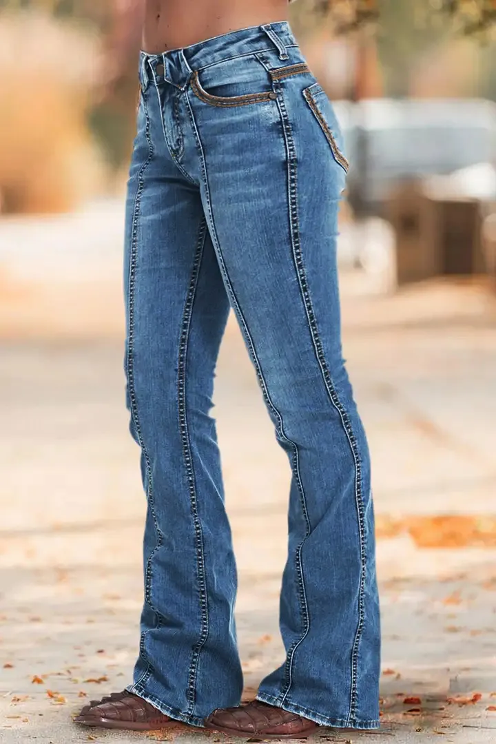 Wash Contrast Stitch Seam Front Low Waist Bootcut Jeans